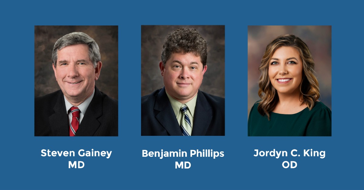 Headshots of Steven Gainey, MD; Benjamin Phillips, MD; and Jordyn C. King, OD, BayCare Clinic Eye Specialists