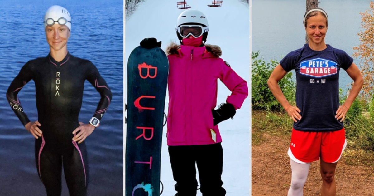 Side by side photo of Fritz in wet suit, in snowboard and in running shorts
