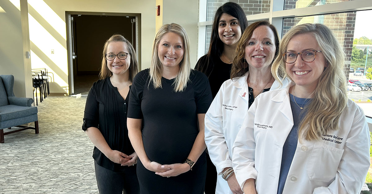 The comprehensive breast services team at Aurora BayCare Medical Center from left to right: Ally Curtis, RN; Kristin Cherney, coordinator; Marina Romera, LPN; Molly Linzmeier, NP; and Dr. Natalie Luehmann