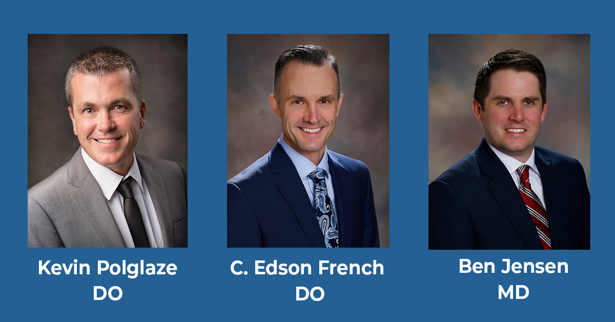 Headshots of Drs. Kevin Polglaze, C. Edson French and Ben Jensen of BayCare Clinic