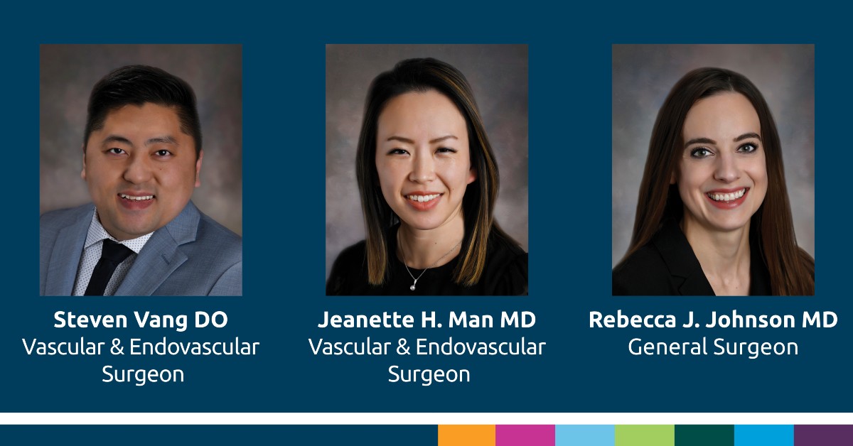 Headshots of Dr. Steven Vang, Dr. Jeanette H. Man and Dr. Rebecca J. Johnson, all of Aurora BayCare General & Vascular Surgery