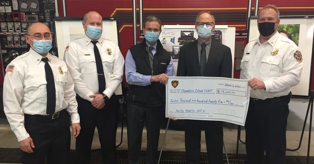 From left are: Gibraltar Fire Chief Andrew Bertges; Gibraltar Assistant Fire Chief Jerrad Anderson; BayCare Clinic Foundation board members Drs. Michael Medich and Christopher Sorrells; and De Pere Fire Chief Al Matzke.